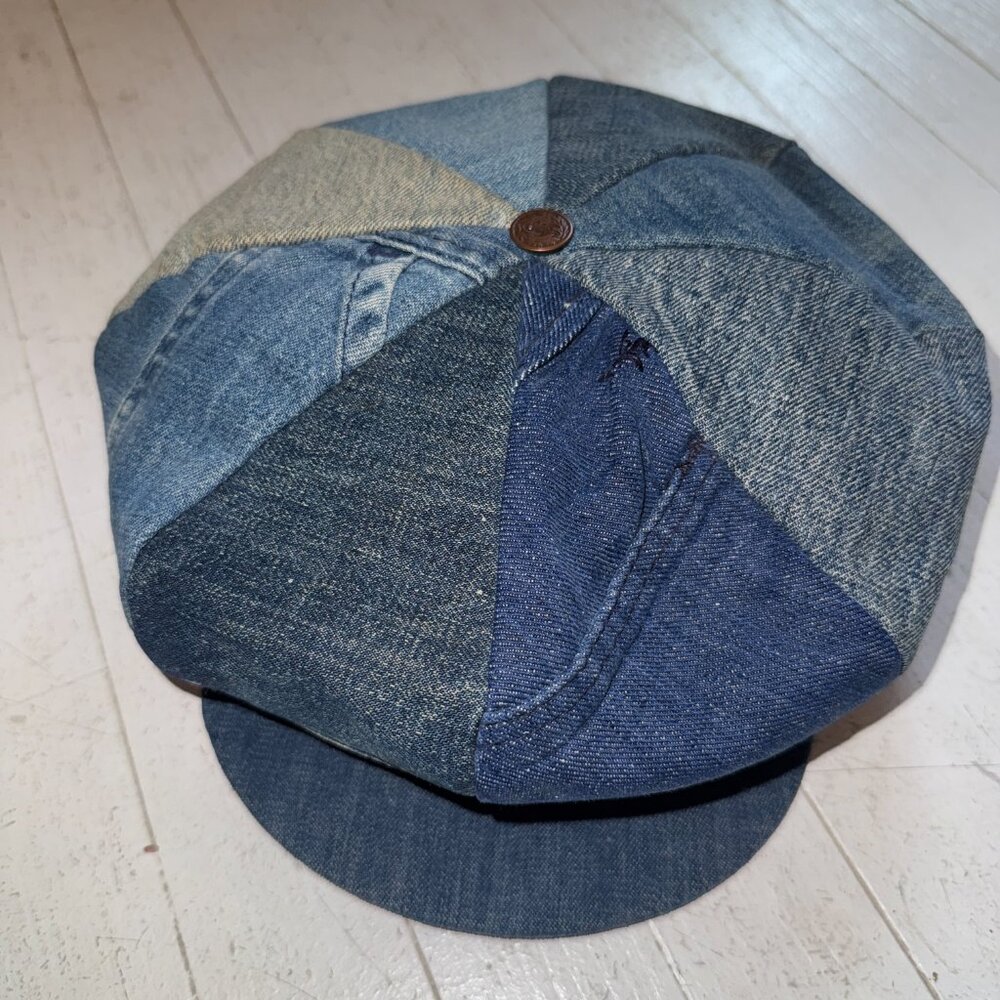 Vintage Blue Denim Patchwork Newsboy Hat / Cap